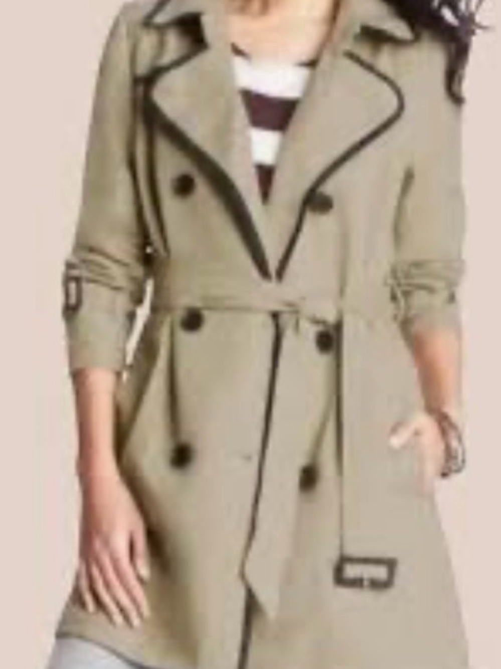 LOFT Women's Tan Trench Coat with Black Piping NEW sz small double breasted